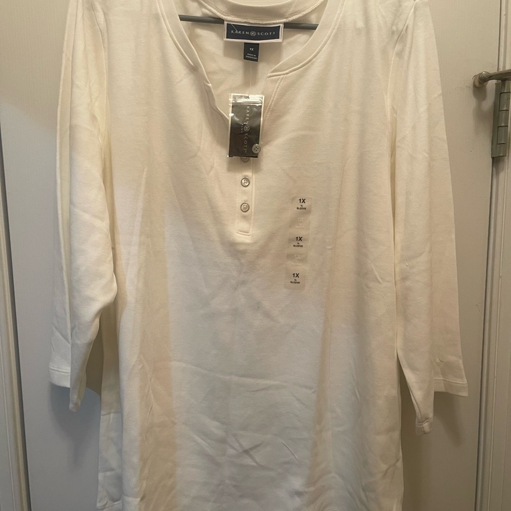 Karen Scott Cream Long Sleeve Henley Shirt
